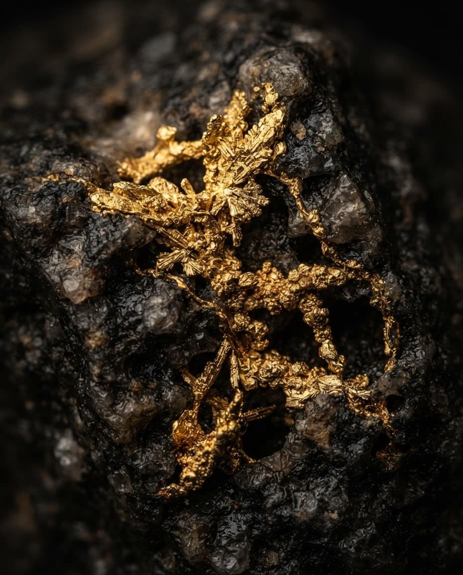 Native gold crystals in dark quartz ore